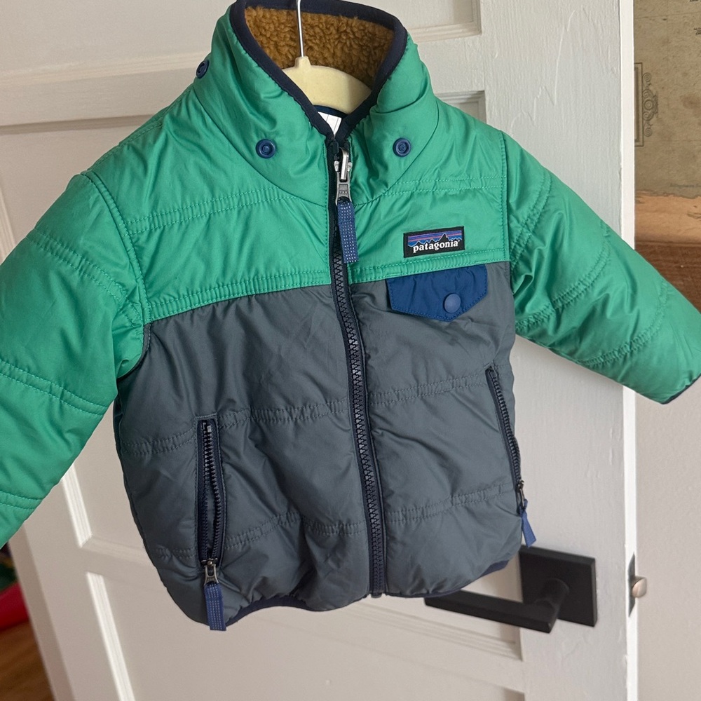 Patagonia Teal and Charcoal Hooded Reversible Jacket